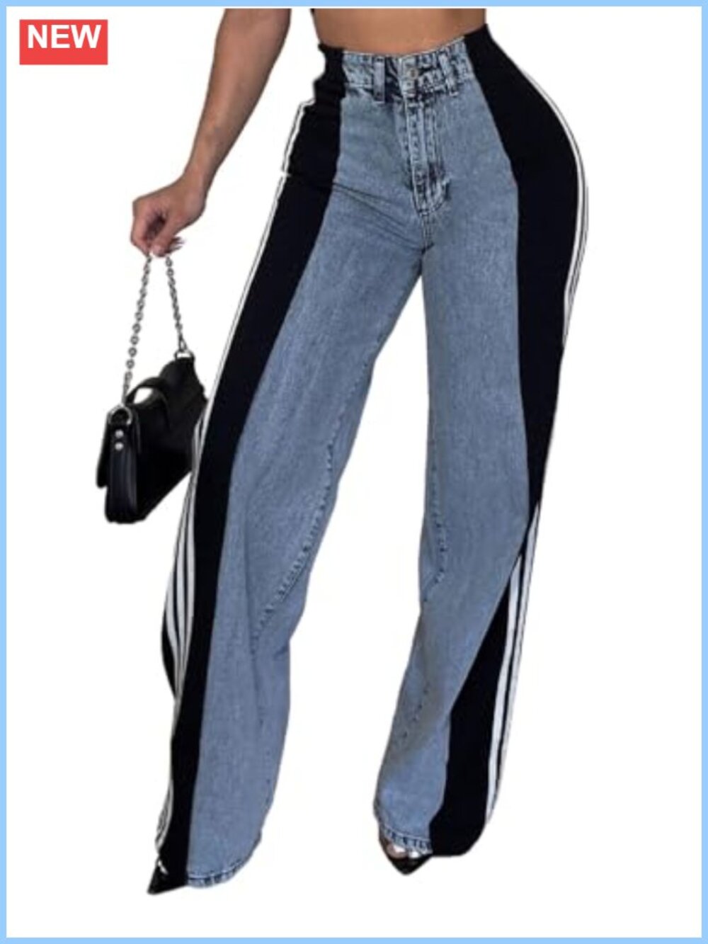 Womens High Waisted Wide Leg Jeans Striped Patchwork Loose Denim Pants